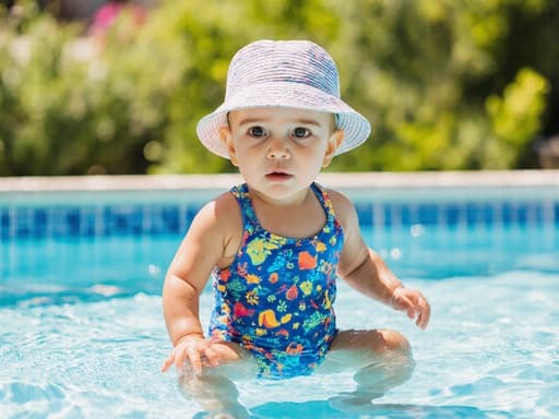 수영장에서 편안한 수영복과 모자를 쓴 1세 남성 중동계 아기 소년의 반신 사진. 물속에 다리를 뻗고 앉아 있으며, 밝고 화창한 날씨 속에서 물놀이를 하며 약간 무서워하는 표정을 짓고 있습니다.