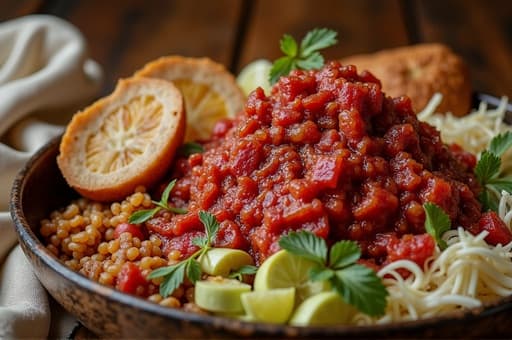 신선한 재료로 가득 찬 아름답게 담긴 음식이 rustic 나무 테이블 위에 놓여 있습니다. 자연광이 창문을 통해 비쳐들어와 음식에 부드러운 빛을 드리우고, 그 옆에는 섬세한 패브릭 냅킨이 있어 아늑한 분위기를 더하고 있습니다.