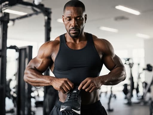 40대의 자신감 있는 흑인 남성이 현대적인 체육관에서 운동을 준비하며 스포츠 웨어를 입고 있는 모습의 반신 사진입니다. 무표정이지만 자신감이 느껴지며, 다양한 운동 기구가 배경을 이루어 역동적인 분위기를 더하고 있습니다.