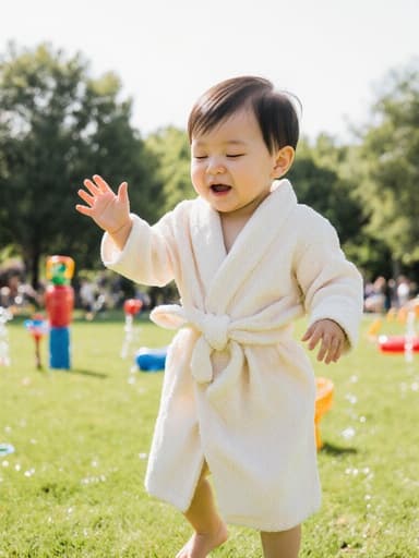 부드러운 면 소재의 아기용 목욕 가운을 입은 귀여운 1세 한국 남자 아기의 전체 모습입니다. 아기는 졸린 표정으로 눈을 반쯤 감고 있으며, 즐겁게 손을 흔들며 점프하는 자세를 취하고 있습니다. 배경은 밝은 햇살이 비치는 공원으로, 잔디밭 위에 물놀이 용품이 흩어져 있어 상쾌하고 즐거운 분위기를 만들어냅니다.
