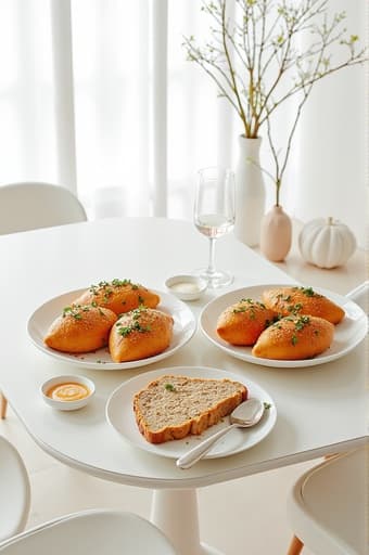 밝은 방에 세팅된 아름다운 디자인의 흰색 식탁. 식탁은 우아한 마감 처리를 하고 있으며, 현대적인 의자들로 둘러싸여 있어 공간의 신선하고 매력적인 분위기를 더욱 강조한다. 배경에는 식물과 부드러운 섬유로 이루어진 최소한의 장식이 있어 아늑하면서도 세련된 모습을 연출한다.