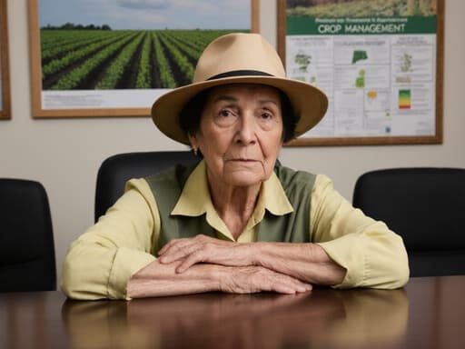 60대의 라틴계 여성이 자연스러운 외모를 보여주는 반신 촬영. 그녀는 편안한 작업복과 실용적인 야외 모자를 착용하고 회의실의 테이블에 팔을 올리고 앉아 다소 지친 표정을 짓고 있다. 배경에는 농작물 관리와 관련된 포스터가 붙어 있어 그녀의 농업 주제와의 연관성을 강조한다. 전체적인 장면은 고민과 약간의 지루함이 느껴지는 순간을 포착하고 있으며, 그녀의 작업 환경의 도전 과제를 반영하고 있다.