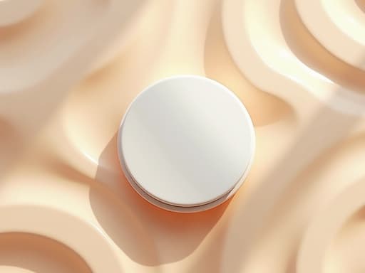 중앙에 있는 선케어 쿠션, 부드러운 컴팩트 질감, 소프트 매트 마감, 기하학적 패턴 배경, 신선하고 세련된 분위기.