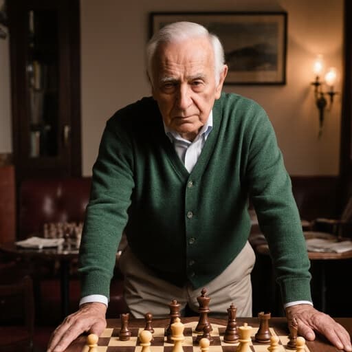 이미지는 아늑한 카페에서 편안한 카디건과 바지 차림의 80세 라틴계 남성이 무관심한 표정을 지으며 체스를 두기 위해 스트레칭하는 모습을 보여줍니다. 카페의 따뜻한 분위기와 배경의 체스판이 조화를 이루어 평화롭고 초대하는 장면을 만들어냅니다.