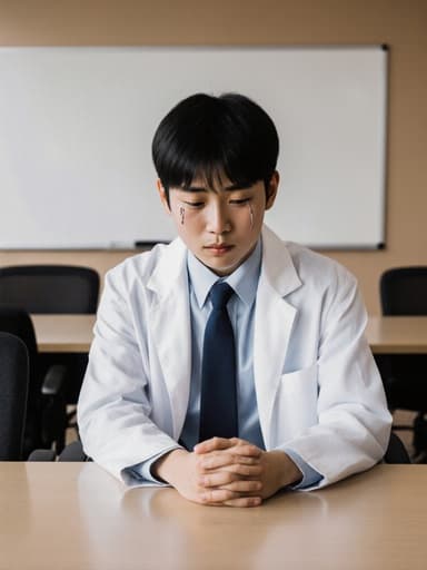 회의실의 긴 테이블에 손을 올리고 머리를 숙인 채 슬픈 표정을 지으며 눈물을 흘리는 아시아계 10대 초반 남성의 반신 사진. 회의실의 의자들과 화이트보드가 배경으로 보이며 우울한 순간을 포착합니다.