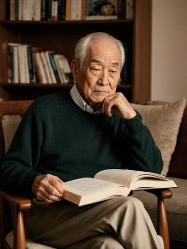 80대 동양인 남성이 따뜻하고 아늑한 거실에 편안하게 앉아 있으며, 편안한 니트와 슬랙스를 착용하고 있습니다. 그는 무릎 위에 놓인 열린 책을 생각에 잠긴 듯 바라보며 턱을 한 손으로 괸 채 지혜로운 표정을 짓고 있습니다. 아늑한 분위기 속에서 사색과 지혜를 담고 있습니다.