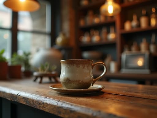 빈티지 앤티크 숍 내부의 러스틱한 나무 카운터 위에 놓인 앤틱 세라믹 머그컵, 따뜻하고 향수를 불러일으키는 분위기.