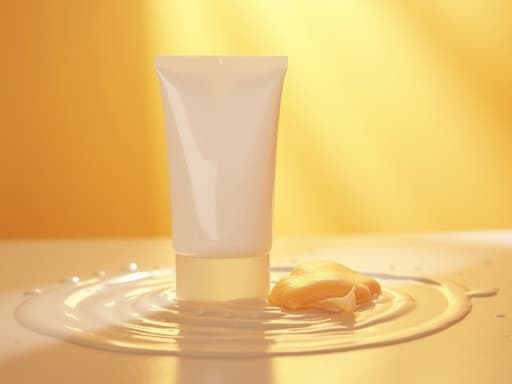 자외선 차단제, 크리미한 질감, 표면에 비치는 빛, 황금빛 노을 배경, 따뜻하고 평온한