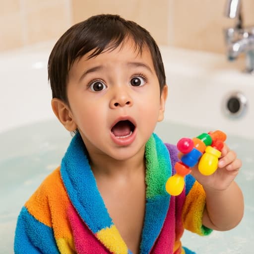 밝은 목욕 가운을 입은 3세 라틴계 남자아이의 반신 사진으로, 손에 화려한 목욕 장난감을 들고 있습니다. 그의 큰 눈은 배고픈 표정을 짓고 있으며, 욕조가 가득 찬 밝고 아늑한 욕실 배경에서 장난스럽고 즐거운 분위기를 자아냅니다.