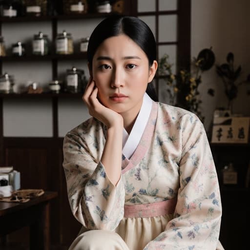 한의원 내부에서 테이블에 앉아 생각에 잠긴 표정의 혼혈 10대 후반 소녀의 반신 사진. 전통 한복을 입고 있다.