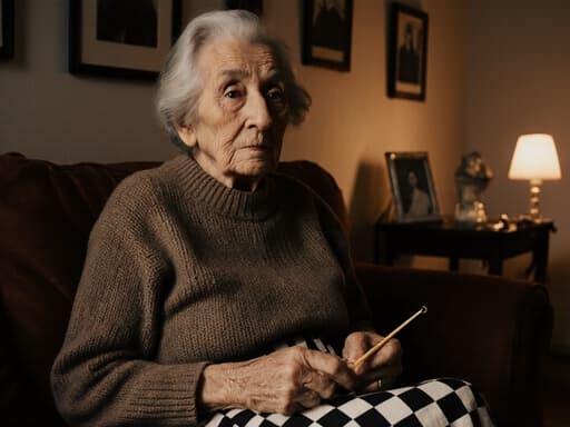 80대 유럽계 여성의 반신 샷으로, 주름이 있는 얼굴과 은발을 가진 모습입니다. 전통적인 니트 스웨터와 체크무늬 스커트를 착용하고 아늑한 소파에 앉아 전통 공예 도구를 들고 있으며, 슬픈 표정과 흐릿한 눈빛을 하고 있습니다. 따뜻한 조명과 가족 사진이 걸린 아늑한 거실에서 촬영되었습니다.