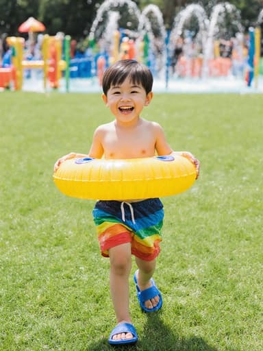 환하게 웃고 있는 3세 한국 남아의 전신 사진. 그는 물놀이 기구를 들고 공원에서 걷고 있으며, 색색의 수영복과 귀여운 슬리퍼를 착용하고 있습니다. 푸른 잔디가 펼쳐진 배경 속에서 야외에서 즐거운 하루의 본질을 담고 있습니다.