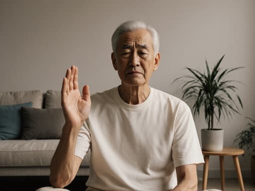 70대 한국인 남성이 편안한 면 티셔츠와 바지를 입고 있는 반신 상반신 사진입니다. 그는 걱정스러운 표정을 지으며 고요하게 손을 흔들며 명상하는 자세를 취하고 있습니다. 아늑한 거실 배경은 소파와 식물로 장식되어 있어 장면의 평화로운 분위기를 더합니다.