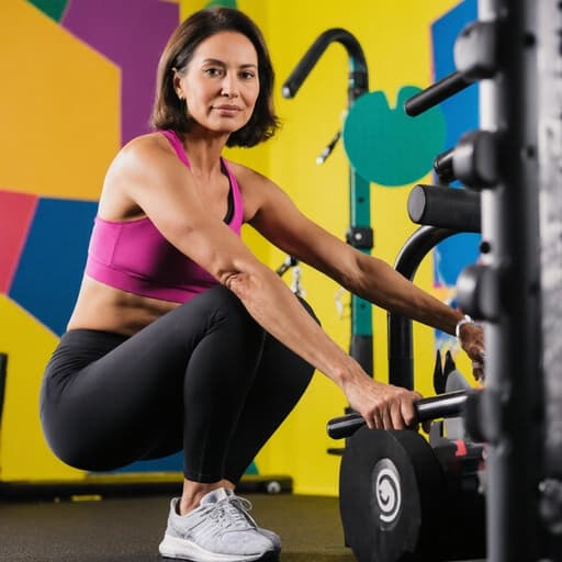 40대 혼혈 여성의 반신 사진으로, 세련된 스포츠웨어와 편안한 운동화를 착용하고 자신감 넘치는 표정으로 다양한 운동용품을 살펴보며 고르고 있습니다. 배경은 밝고 활기찬 운동 센터의 환경으로, 건강과 웰빙의 전반적인 분위기를 강조합니다.