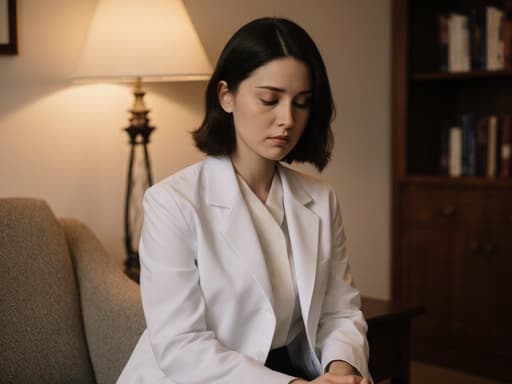 20대 유럽계 여성이 전통적인 흰색 의사 복장과 간단한 블라우스를 입고 소파에 앉아 있습니다. 그녀는 우울한 표정으로 고개를 살짝 숙이고 무릎 위에 손을 올리고 있습니다. 배경에는 책장이 있고 부드러운 조명이 비추는 편안한 상담실의 분위기가 담겨 있습니다.