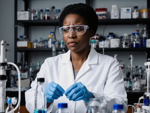 실험실 가운과 보호 안경을 착용한 40대 아프리카계 여성의 반신 사진. 그녀는 걱정스러운 표정으로 최첨단 연구실에서 다양한 실험 기구를 조심스럽게 다루고 있다.