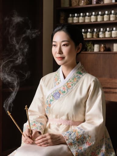 40대 혼혈 여성, 전통 한복을 우아하게 입고 편안하게 앉아 있으며, 자신감 있게 뜸 치료 도구를 들고 있는 모습. 고즈넉한 나무 인테리어와 한방 약재들이 진열된 선반이 있는 전통 한의원 내부에서 촬영됨.