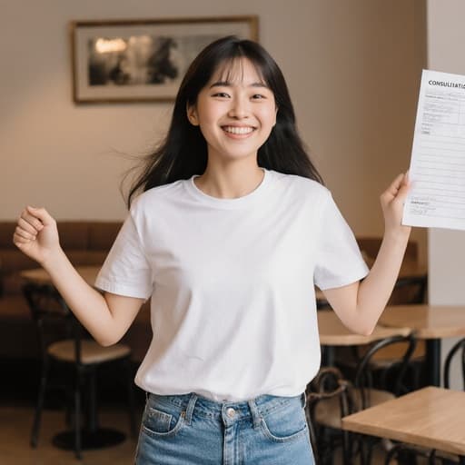 밝은 미소를 지으며 상담 기록을 들고 점프하고 있는 10대 초반의 동양인 소녀가 화이트 티셔츠와 청바지를 입고 있습니다. 아늑한 카페 내부가 배경이 되어 따뜻하고 초대하는 분위기를 만들어냅니다.