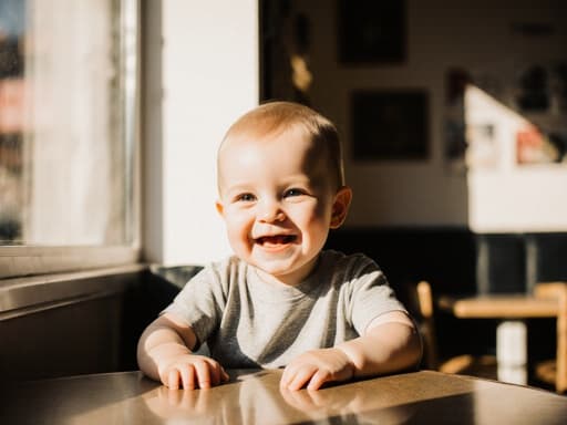 아늑한 카페의 작은 테이블에 앉아 있는 1세 남자 아이의 반신 사진입니다. 그는 편안한 티셔츠와 반바지를 입고 있으며, 테이블 위에 손을 얹고 순수한 미소를 지어 즐거운 기분을 표현하고 있습니다. 햇살이 창문을 통해 들어와 따뜻하고 초대하는 분위기를 만들어내고 있습니다.