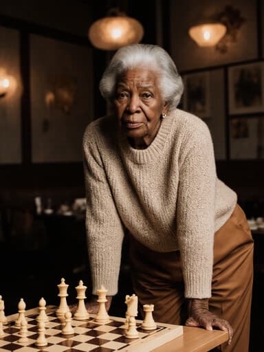 80대 흑인 여성의 반신 촬영으로, 편안한 니트 스웨터와 따뜻한 색상의 바지를 입고 체스판 앞에서 스트레칭하는 모습입니다. 그녀는 지루한 표정을 짓고 있으며, 아늑한 카페에서 자연스럽게 주변과 상호작용하는 순간을 잘 포착하고 있습니다.