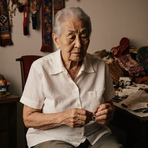 70대 혼혈 여성이 아늑한 거실에서 전통 공예품이 진열된 배경 속에서 반신 촬영되고 있습니다. 그녀는 자연스러운 외모를 지니고 있으며 공예 도구를 바라보며 약간 불편한 표정을 짓고 있습니다. 편안한 면 소재의 의상을 입고 있는 이 장면은 예술성과 따뜻함을 전달하며 시청자를 그녀의 공예 세계로 초대합니다.