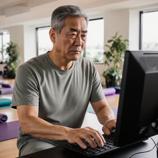 50대 동양인 남성이 자연스러운 외모로 부드러운 요가복을 입고 현대적인 요가 스튜디오에 앉아 있는 반신 사진입니다. 그는 불안한 표정을 짓고 컴퓨터 화면에 집중하며 키보드를 타이핑하고 있으며, 요가 매트와 식물로 둘러싸인 환경은 차분함과 그의 감정 상태의 대조를 강조합니다.