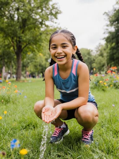 7세 라틴계 여성의 반신 사진으로, 자연스러운 외모를 가진 아이가 편안한 운동복과 운동화를 입고 있습니다. 그녀는 행복한 미소를 지으며 손을 씻고 있으며, 푸르고 화사한 꽃들로 가득한 공원에서 건강과 즐거움을 표현하고 있습니다.