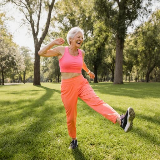 밝은 운동복을 착용한 60세의 백인 여성이 반신 촬영으로 캡처되어 있으며, 푸른 잔디와 나무들로 둘러싸인 공원에서 다리를 뻗고 춤을 추듯이 앉아 있습니다. 자연스러운 미모와 행복한 표정이 야외 환경에서 에너지와 긍정감을 발산합니다.