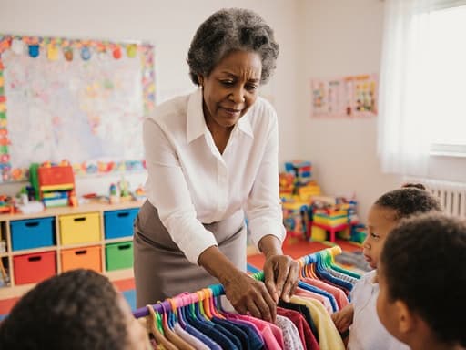 60대 흑인 여성의 반신 사진으로, 편안한 블라우스와 치마를 입고 아이들의 옷을 정리하며 걱정스러운 표정을 짓고 있는 모습. 아늑한 놀이방에는 다양한 장난감과 학습 도구가 놓여 있습니다.