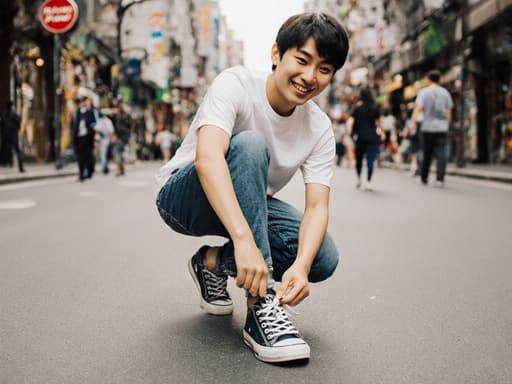 도시의 거리에서 다양한 상점과 사람들이 지나가는 배경을 배경으로, 캐주얼한 티셔츠와 스타일리시한 운동화를 착용한 10대 초반의 동양인 남성이 즐거운 표정으로 한쪽 발을 들어 올리고 신발 끈을 매고 있는 활기찬 모습의 반신 사진입니다.