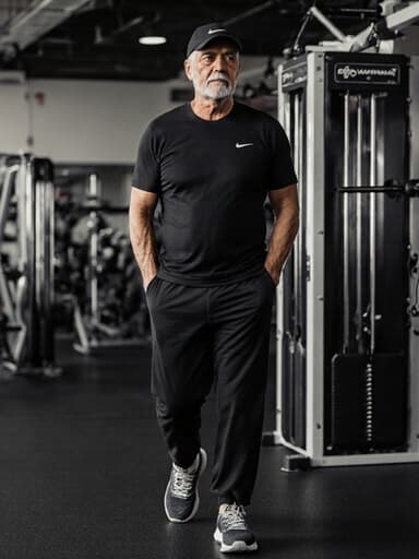 50대의 라틴계 남성이 운동복과 모자를 착용하고 운동 센터에서 천천히 걷고 있습니다. 그의 손은 주머니에 있고, 슬픈 표정으로 실망감을 느끼고 있습니다. 배경에는 다양한 운동 기구들이 배치되어 있어 피트니스 주제를 강조하며 모델에 집중하게 합니다.