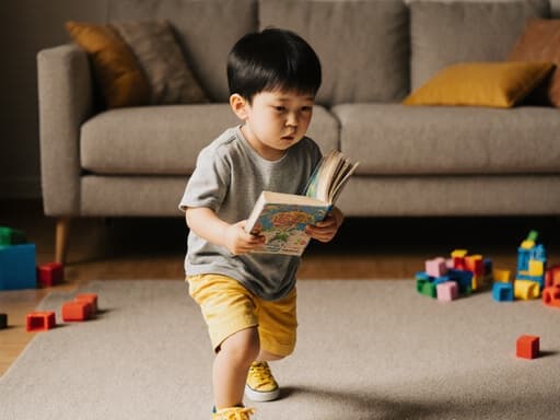 3세 한국인 남성이 편안한 티셔츠와 반바지를 입고, 밝은 색상의 운동화를 신은 모습의 반신 사진. 한 손에 책을 들고 지루한 표정을 지으며 달리는 장면이 아늑한 거실과 장난감들이 놓인 배경에서 담겨 있습니다.