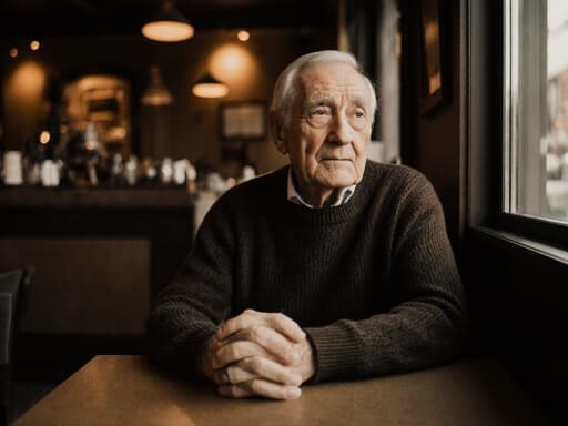 70대의 흑인 남성이 편안한 니트 스웨터와 바지를 입고, 외로운 표정을 지으며 테이블에 손을 올리고 생각에 잠긴 모습의 반신 사진입니다. 아늑한 카페의 환경이 분위기를 더해 가족과의 추억을 떠올리게 합니다.
