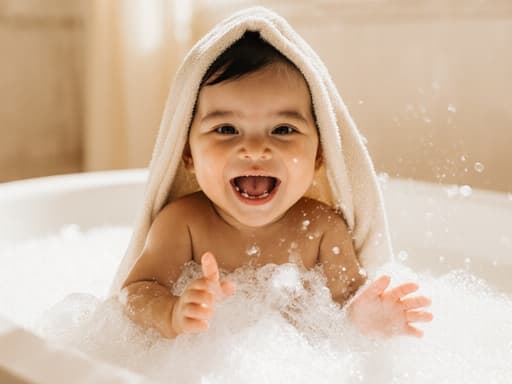 즐거운 표정을 짓고 있는 1세 남성 라틴계 아기가 부드러운 수건으로 감싸여 밝고 아늑한 욕실에서 물놀이를 하고 있으며 욕조는 거품으로 가득 차 있습니다. 아기의 즐거운 표정이 장면에 생동감을 더합니다.