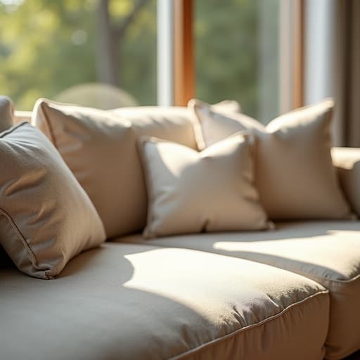 부드러운 천으로 된 현대적인 소파가 중립적인 색조로, 창문을 통해 따스한 오후 햇살이 비추는 가운데 아늑하고 초대하는 분위기를 연출합니다.