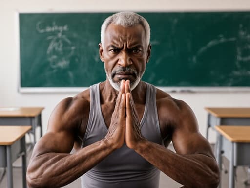 이 이미지는 편안한 요가복을 착용한 60대의 흑인 남성이 강한 의지를 표현하며 요가 자세를 취하고 있는 모습을 반신으로 담고 있습니다. 분노한 표정이 그를 더욱 강렬하게 만들어 주며, 칠판과 책상이 있는 강의실 배경이 감정 표현과 개인 성장의 주제를 강조합니다.