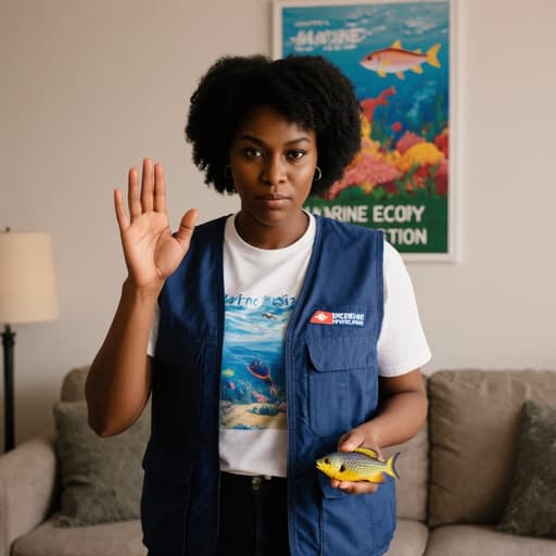 30대 흑인 여성의 반신 촬영으로, 자연스러운 외모와 해양 생태 보호 작업복을 입고 있으며, 해양 생태 보호의 중요성을 강조하는 화난 표정을 짓고 있습니다. 한 손으로 인사하고 다른 손에는 해양 생태를 상징하는 작은 물고기 모형을 들고 있습니다. 배경은 해양 생태 보호의 중요성을 나타내는 해양 테마 포스터로 장식된 거실입니다.