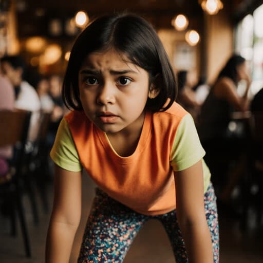 자연스러운 외모를 가진 7세 라틴계 소녀의 반신 샷. 밝은 색상의 티셔츠와 레깅스를 입고, 약간 움츠러든 자세로 스트레칭을 하며 무서운 표정을 짓고 있다. 배경은 다양한 사람들이 있는 따뜻한 조명이 비추는 아늑한 카페 내부로, 활기차면서도 친밀한 분위기를 만들어낸다.