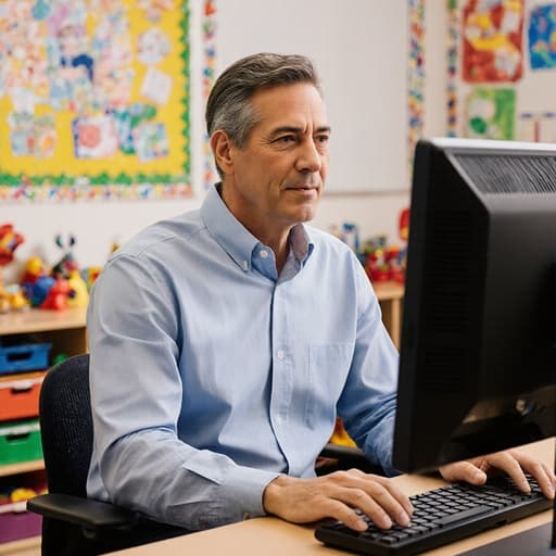 40대 혼혈 남성이 캐주얼한 복장을 하고 컴퓨터 화면에 집중하고 있는 반신 촬영으로, 밝고 아늑한 유치원 교실에서 장난감과 다양한 그림들이 배경을 이루며 세련되고 매력적인 분위기를 나타냅니다.