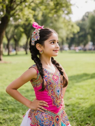 7세 중동계 소녀가 화려한 색상의 무용복을 입고 리본으로 장식한 머리와 함께 호기심 어린 표정을 짓고, 몸을 약간 기울이며 춤추는 듯한 자세를 취하고 있는 모습이 아름다운 공원 배경에서 담긴 반신 촬영입니다.