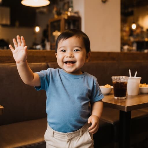 아늑한 카페 설정에서 귀여운 파란색 티셔츠와 밝은 색의 바지를 입고 웃으며 손을 흔드는 1세 남성 혼혈 아기 반신 샷, 따뜻한 분위기로 둘러싸여 있습니다.