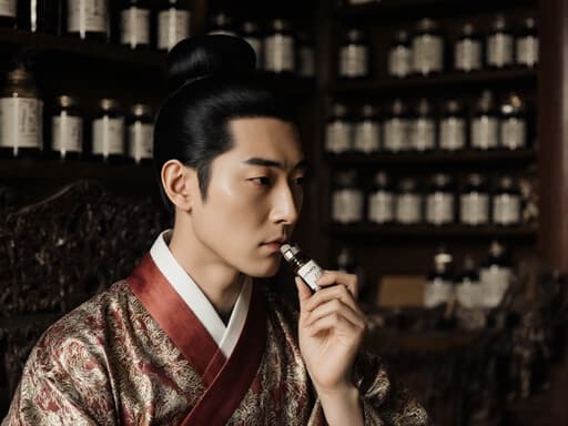 30대 한국인 남성이 고급스러운 전통 한복을 입고, 전통 약재를 들고 우울한 표정을 지으며 전통 한옥 내부에서 촬영된 반신 사진.