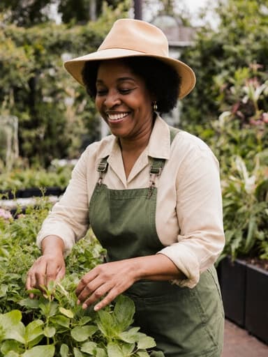 40대 아프리카계 여성이 편안한 작업복과 세련된 모자를 쓰고 행복한 표정으로 식물을 돌보며 아늑한 정원 카페를 걷고 있는 전체 몸샷. 푸르른 정원의 배경이 전체 분위기를 고요하고 기쁜 느낌으로 강조합니다.