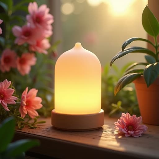 부드럽게 빛나는 램프, 세라믹 베이스, 따뜻한 빛, 만개한 봄꽃으로 둘러싸인, 생생한 색상, 나뭇잎을 통해 들어오는 자연광, 미세한 그림자와 질감, 평화롭고 초대하는 느낌.