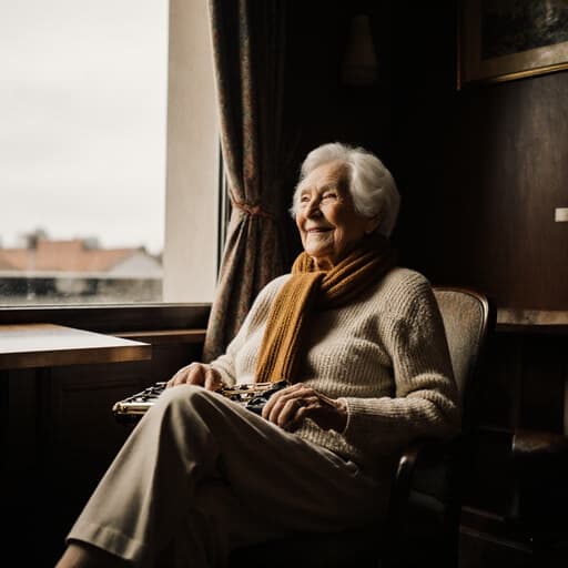 이 이미지는 아늑한 카페에서 악기를 연주하며 편안하고 행복한 표정을 짓고 있는 80대 유럽계 여성의 모습입니다. 그녀는 편안한 니트 스웨터와 바지를 입고 따뜻한 색상의 스카프를 매치하여 조화롭고 매력적인 분위기를 연출하며 창밖을 바라보고 있습니다.