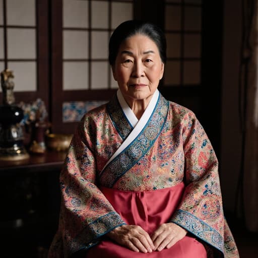 70대 한국인 여성이 전통 한복을 입고 회의실 의자에 앉아 무관심한 표정을 짓고 있으며, 손은 무릎 위에 올려져 있습니다. 배경의 거실은 전통 소품으로 꾸며져 있어 차분하고 문화적으로 풍부한 분위기를 만들어냅니다.