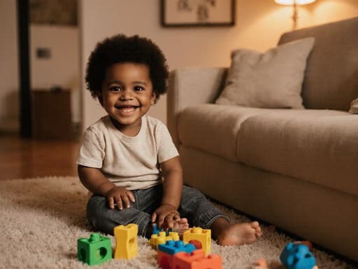 사랑스러운 외모를 가진 1세의 흑인 남성이 편안한 티셔츠와 바지를 입고 소파에 앉아 장난감을 가지고 놀고 있는 반신 촬영 이미지입니다. 아늑한 거실에서 부드러운 조명이 비추는 가운데 장난감이 놓여져 있으며, 행복한 미소로 기쁨을 발산하는 모습이 따뜻하고 유쾌한 분위기를 자아냅니다.