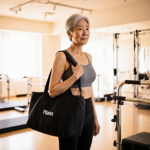 50대 아시아계 여성의 반신 사진으로, 자연스러운 외모를 가진 그녀가 편안한 필라테스 복장을 입고 불만스러운 표정을 지으며 필라테스 수업실에서 어깨에 가방을 메고 서 있습니다.