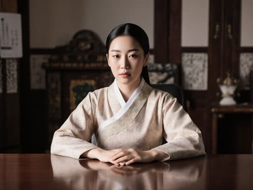 전통적인 한복을 입고 회의실의 테이블에 손을 올리고 앉아 있는 10대 후반의 동양인 여성의 반신 사진으로, 차분하고 자연스러운 외모를 유지하며 진지한 표정을 짓고 있는 모습이 한국 전통 장식이 있는 공간에서 강조됩니다.