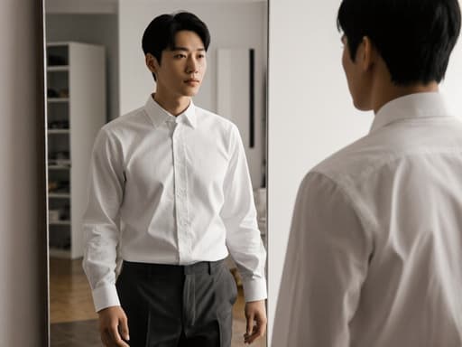 20대 아시아계 남성이 모던한 스타일의 캐주얼 셔츠와 슬랙스를 입고, 깔끔하게 정돈된 방 안의 큰 거울을 향해 걷고 있는 모습의 반신 사진. 차분한 표정으로 자신감을 느끼며 자신의 패션을 확인하고 있습니다.